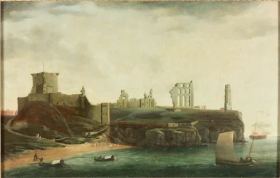 Figure e macchine da bagno nella baia sotto il castello di Tynemouth